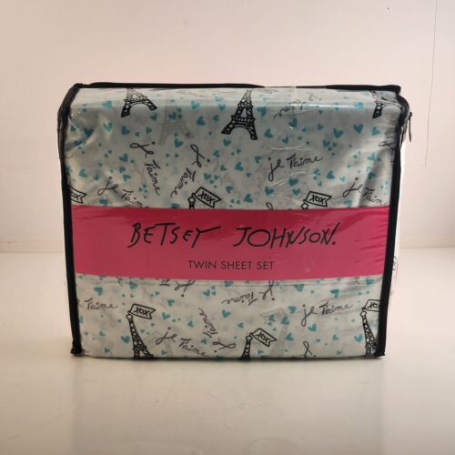 Betsey Johnson Twin Sheet Set White Blue Black Accent Wrinkle Resistant