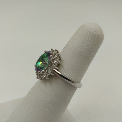 Mystic Topaz & Rhinestone Statement Ring Sz 6 Silver Tone w/ Box