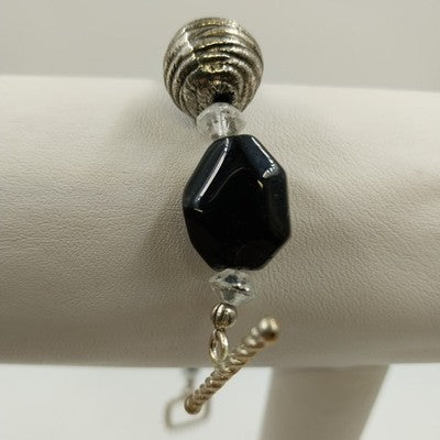 Silver Tone & Black Beaded 6" Bracelet with Clear Faceted Beads & Ribbed Gold
