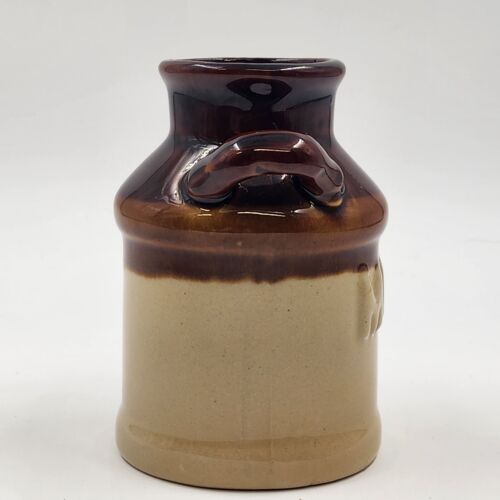 Stoneware Milk Can 5.25" Crock 2 Handles Brown & Beige Crazed