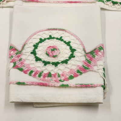Set 2 Hand Crocheted Pillowcases Pink Rose Lace Edge Vintage 34"x21"