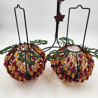 2 Beaded Pumpkin Tea Lite Holders Home Interiors w Free Standing Metal Stand NOS