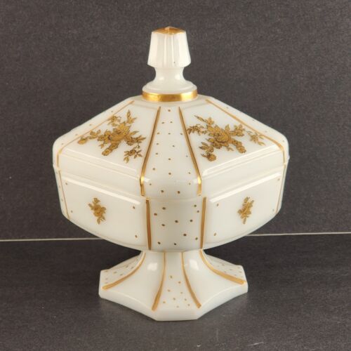 Milk Glass Wedding Box Candy Dish Pedestal Compote w Lid Gold Decorations Roses