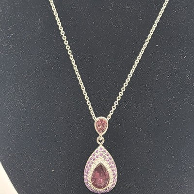 Silver Tone Chain Pear Cut Dangle Purple Rhinestone Amethyst Necklace & Earrings