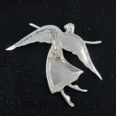 Pewter Angel Brooch Pendant February Birthstone Amethyst Crystal 3" Pin Vintage