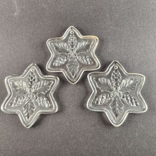 3 Vintage Fostoria Glass Lead Crystal Clear True Holly Christmas Ornaments 3½"