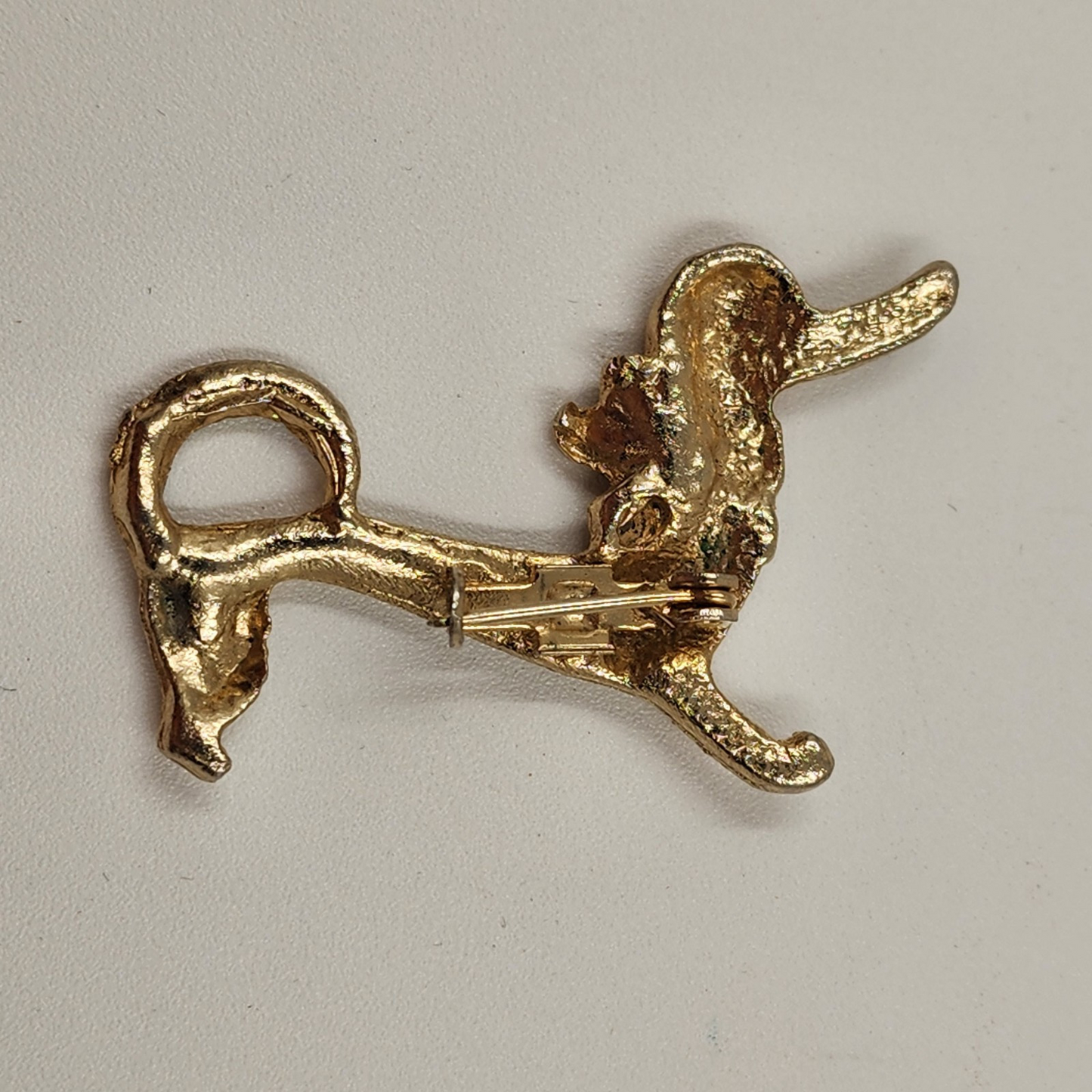 Dachshund Dog Gold Tone Brooch Badge Pin w/ Red Eyes Crystal Clear Rhinestone 2"