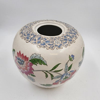 Large Macau Ginger Jar Vase 8"x9.5" Hand Painted Pink Blue Floral White VTG