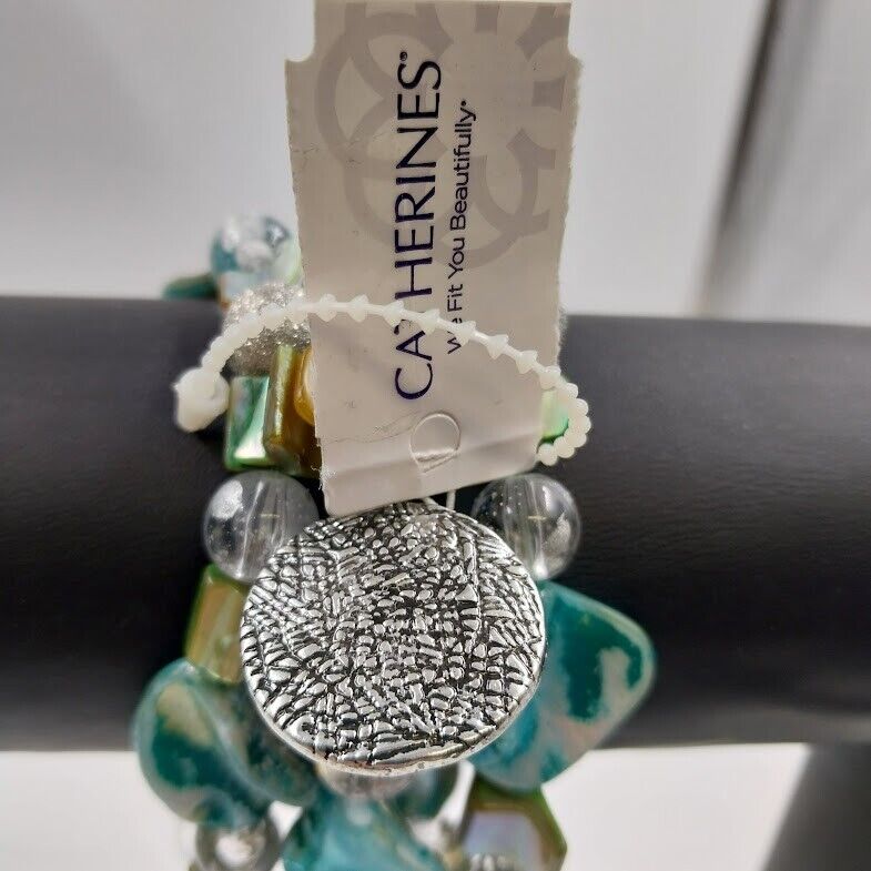 Catherines Silver Tone with Blue Teal Multilayer Charm Bohemian Bracelet 8"