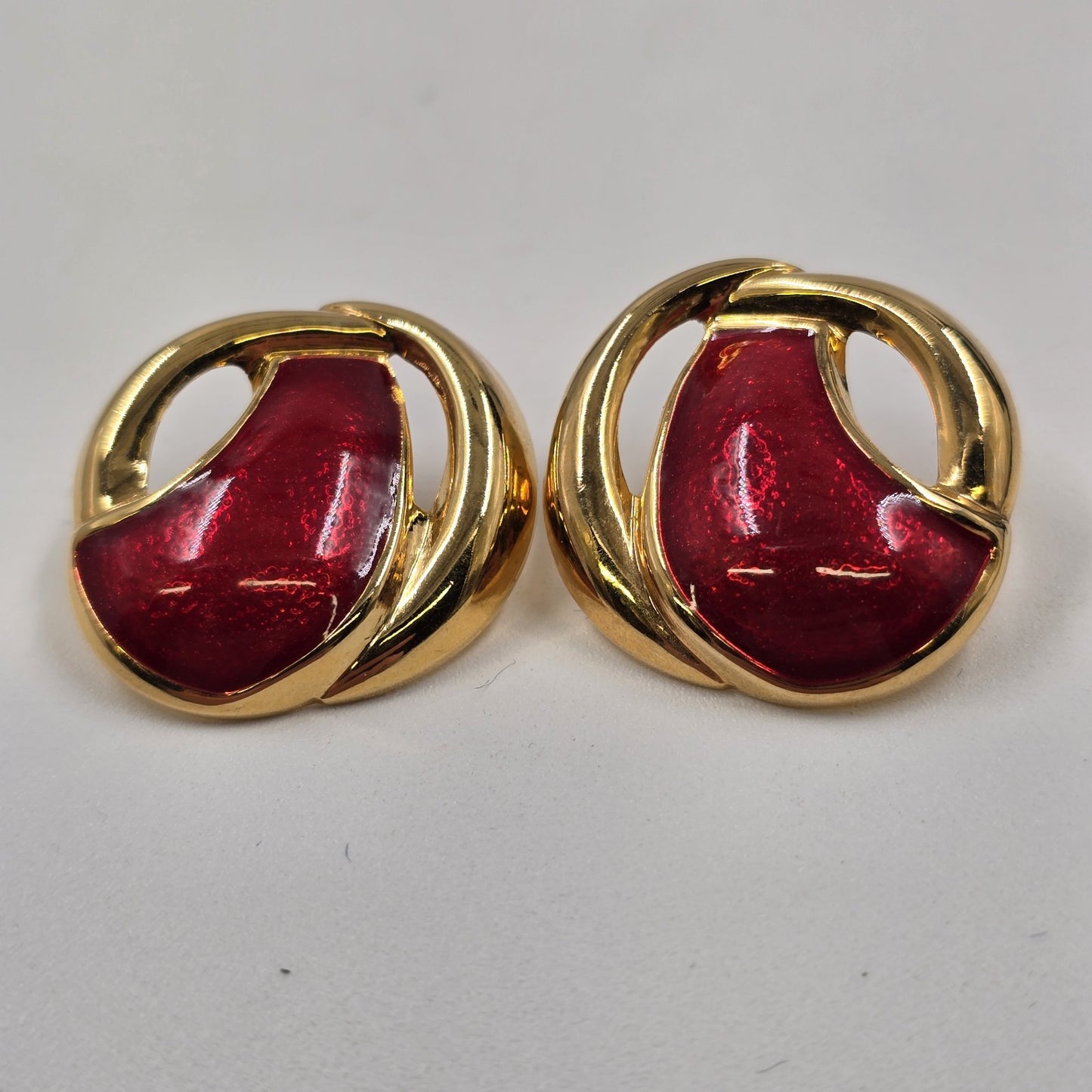 Avon 2 Earrings Gold Tone Burgundy Red Enamel and Marbled Gray Enamel