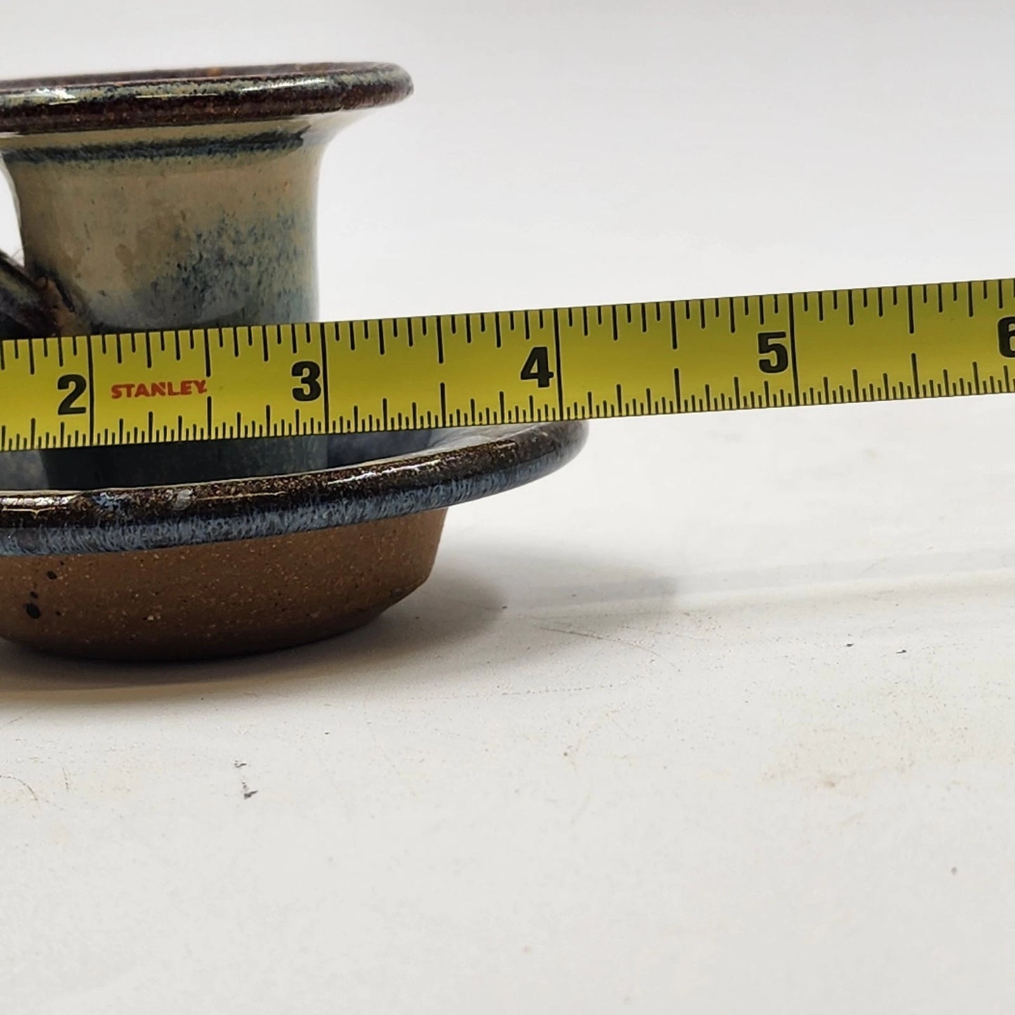 Doug Sassi Signed Pottery Candle Holder Vintage Blue Brown Handcrafted 4" x 2.5"