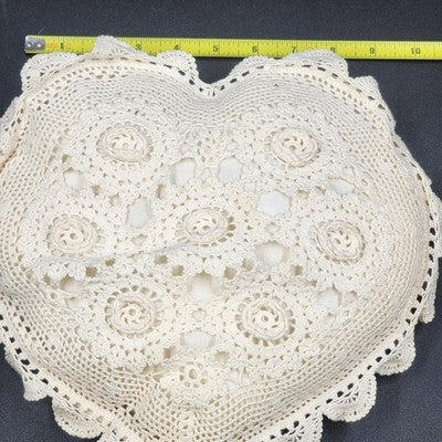 Pillow Heart Shaped Crocheted Cream Ivory Rustic Cushion Removable 12” X 14” 70s