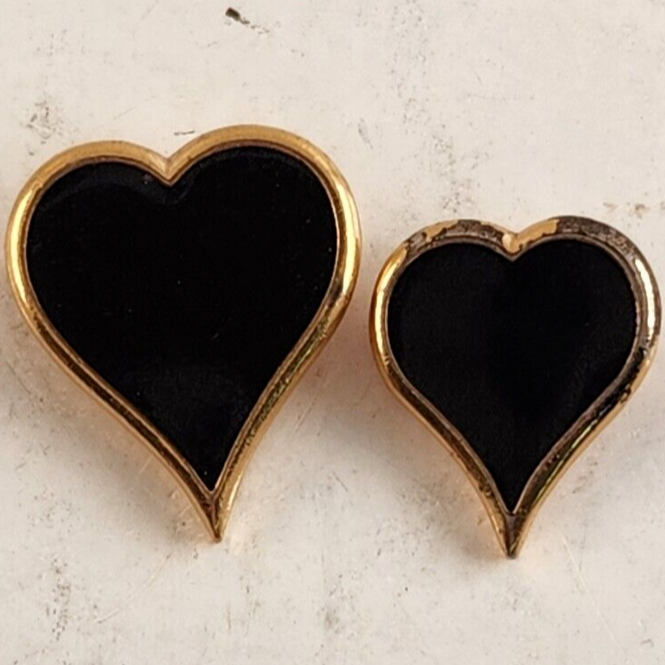 Set Of Two Sarah Coventry Black Heart Shaped Pins W/ Gold Ascents Vintage