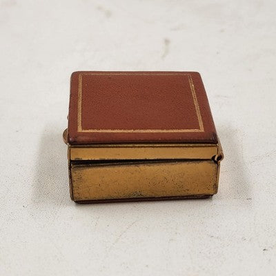 Tan Pill Box Trinket Jewelry Faux Leather Top & Bottom Gold Metal Finish