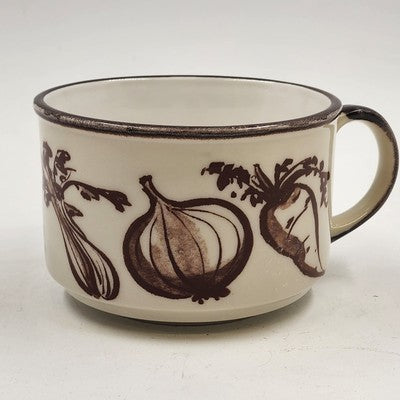 Ceramic Stoneware Cream & Brown w Stylized Vegetable Design Soup Mug Japan 16oz