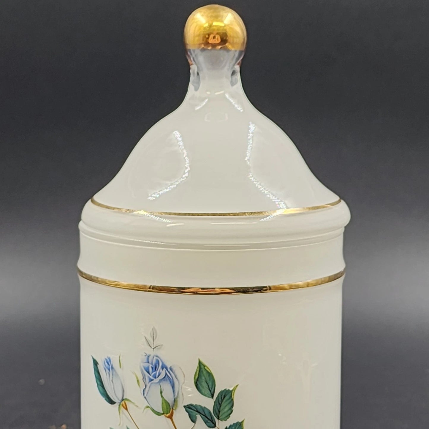 Apothecary Jar Blue Tea Rose in White Frosted Milk Glass with Gold Trim 9" x 4"d