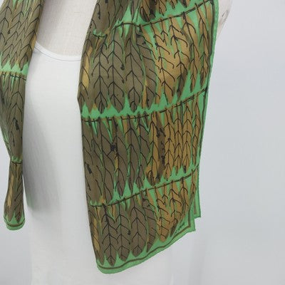 Vera Leaf Print Scarf Green Brown 14" x 44" Rectangle 100% Acetate Japan Vintage