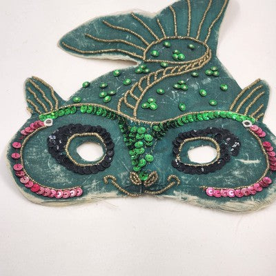 Hand Sewn Vintage Mardi Gras Green Fish Mask Sequins Beads