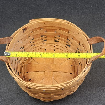Longaberger Handwoven Button Basket w Leather Handles 6.5" Classic Stain 1997