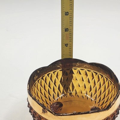 Indiana Glass Amber Diamond Point Three Foot Scalloped Gold Candy Dish Bowl 1970