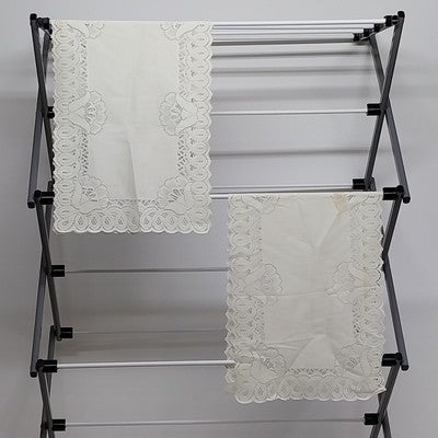 Set of 2 White Rectangle Lace Table Runners w Floral Doilies Scalloped Edge 33.5"