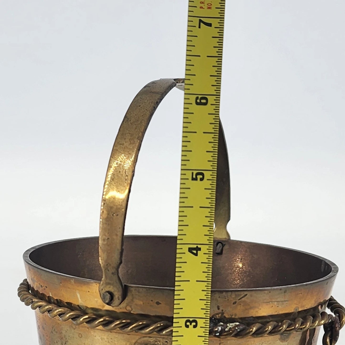 Kirklands Brass Bucket Basket 5" Rope Twist Around Body Tooled Handle Vintage