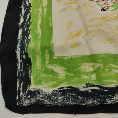 Dancing Ladies Silk Blend Scarf 34" Square Brown Yellow Green Ethnic Pattern