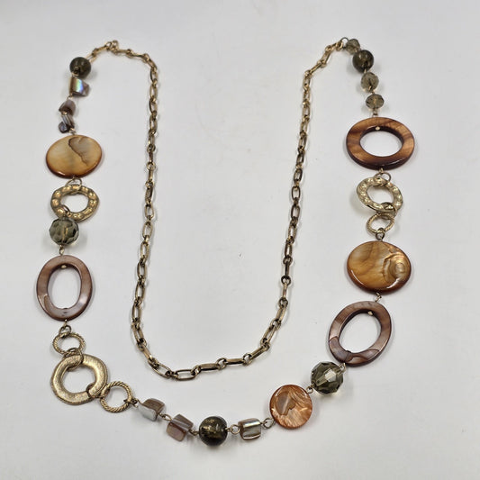 Gold Tone Chain Unique Elegant Round Discs & Beads Artsy Statement Necklace 21"