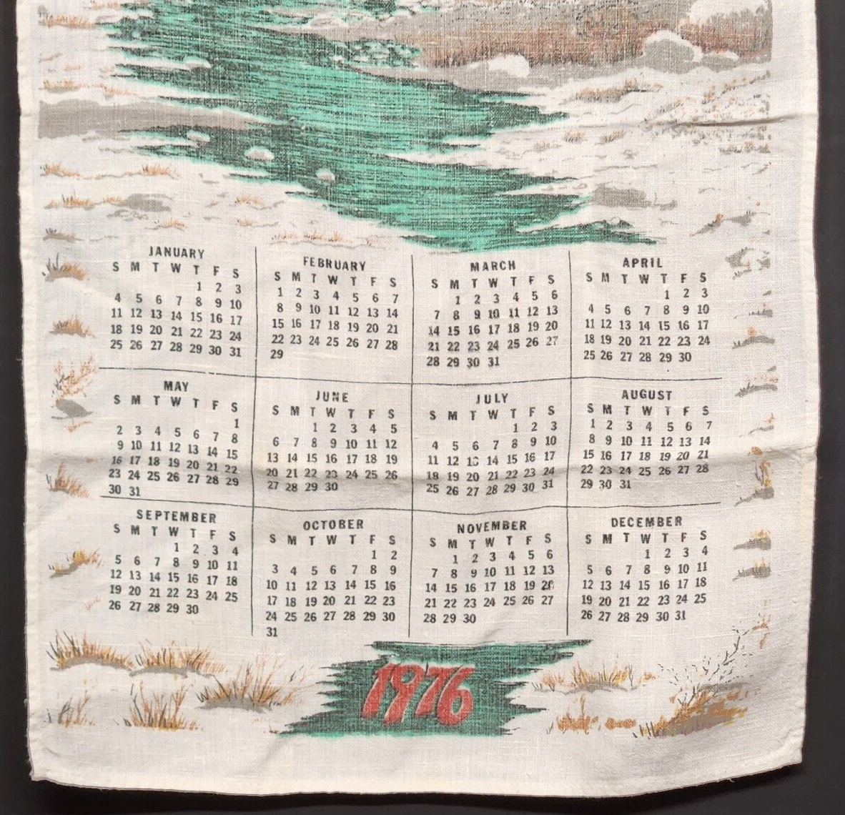 1976 Calendar Linen Kitchen Tea Towel with Creek in The Woods and Forrest