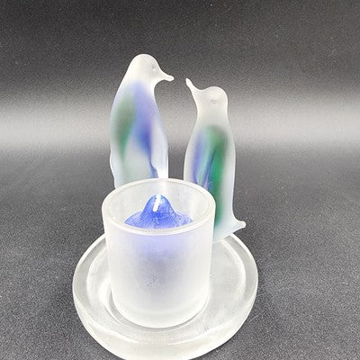 Partylite Frosted Glass Blue Green Two Penguin Candle Holder Votive Rack 5"x3.5"