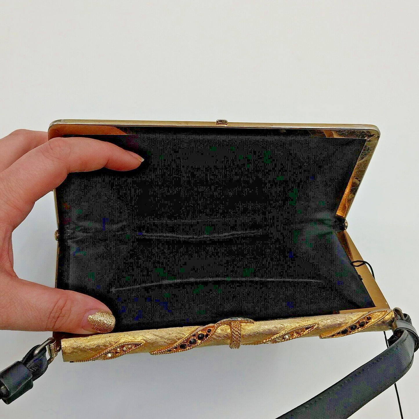 Black Handbag Vintage w Coin Purse Rhinestone Metal Clasp Closure 8"