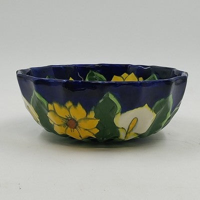 Mexican Folk Art Pottery Serving Bowl 8”x3" Talavera Sunflowers & Calla Lilies