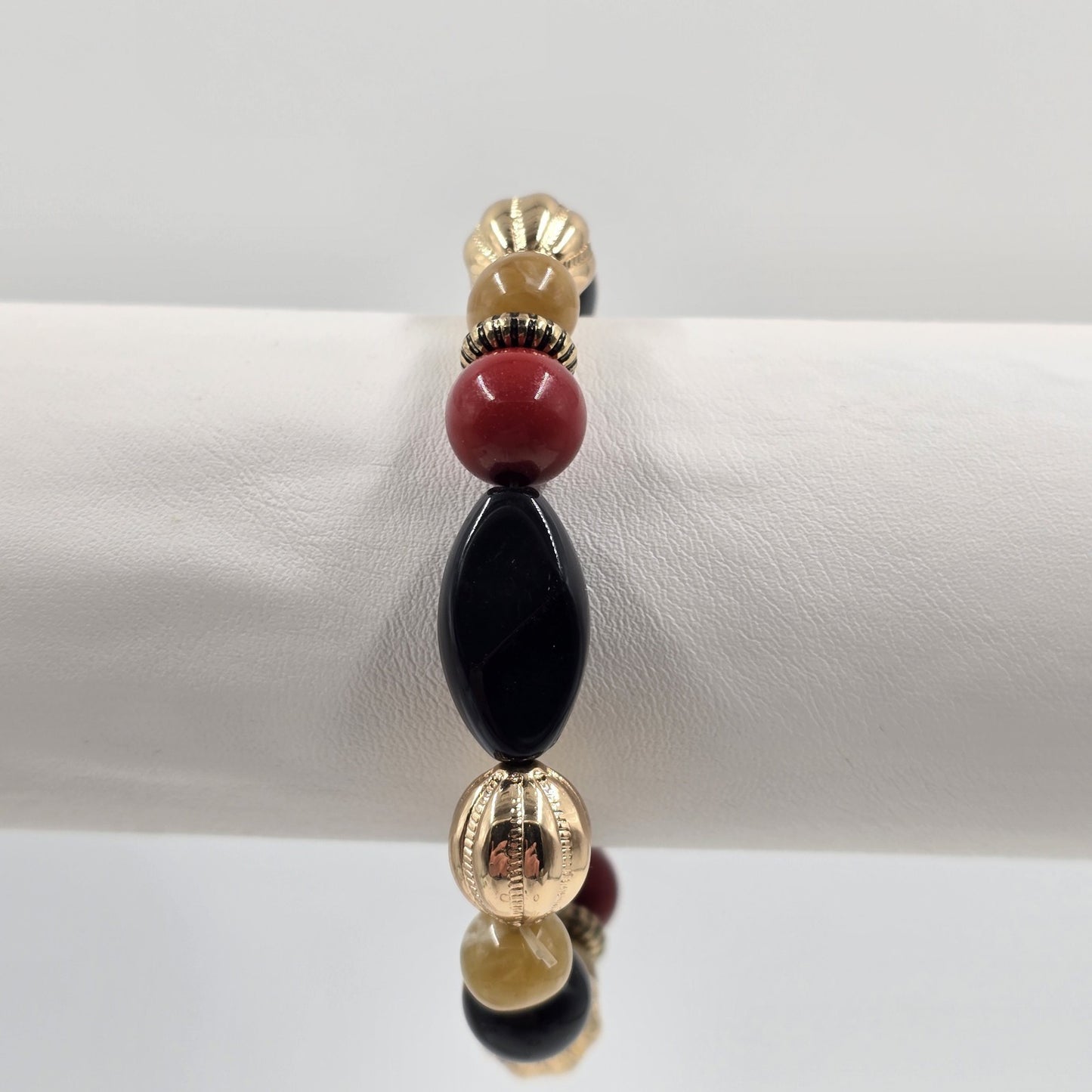 Set of 2 Stretch Bracelets Gold Tone Enamel Black Red Beige Faux Pearl Beads 7"