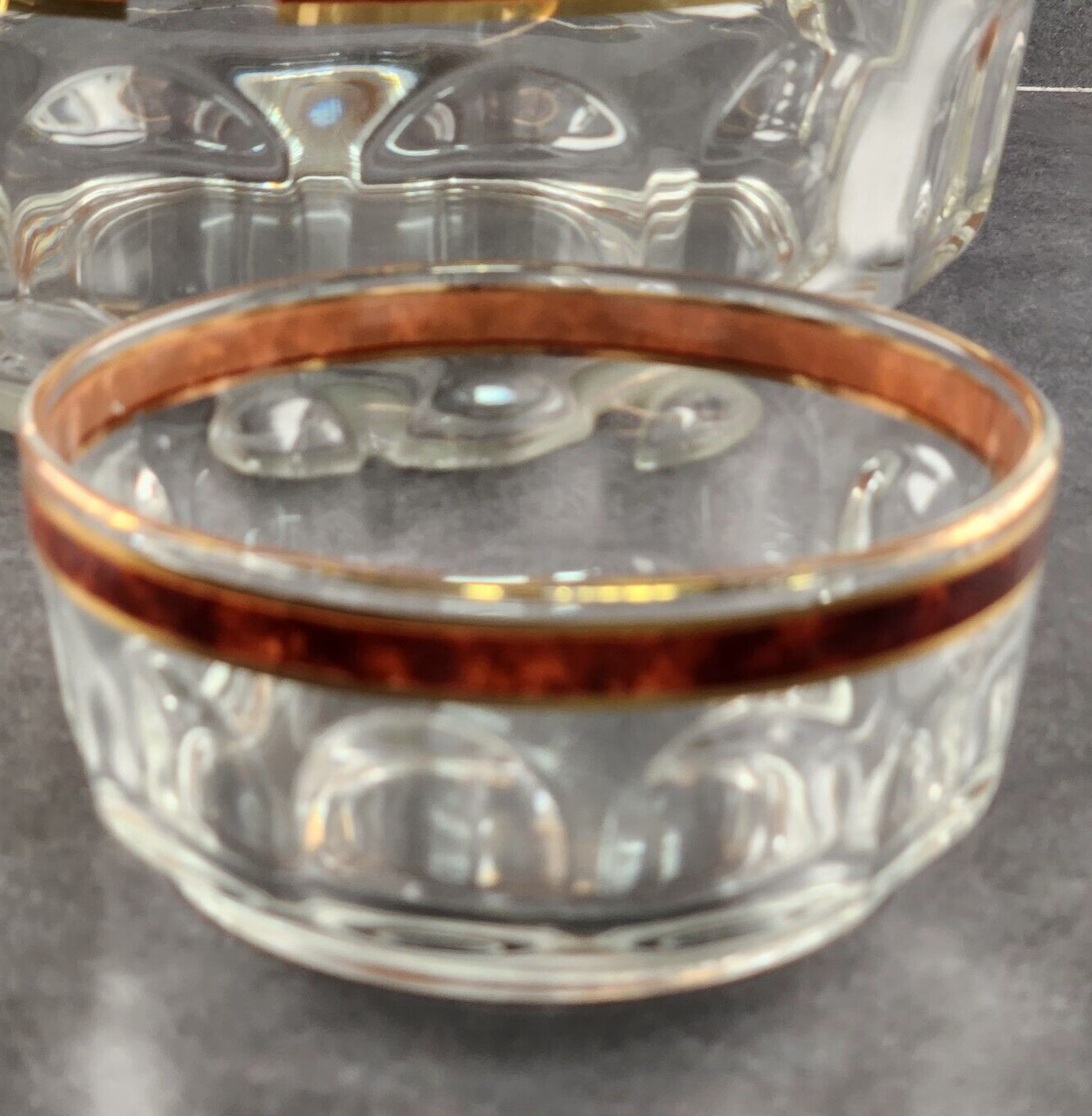 Arcoroc Glass Chip Dip Set w Dip Bowl Bracket France Brown and Gold Border Trim