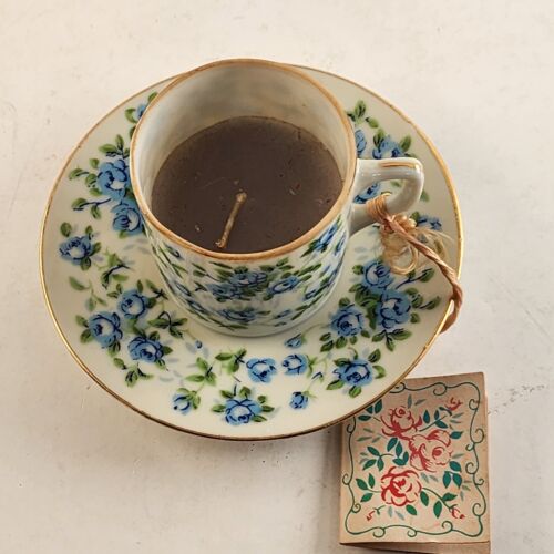 Enesco China Rose Blue Mini Teacup & Saucer Candle Porcelain Japan