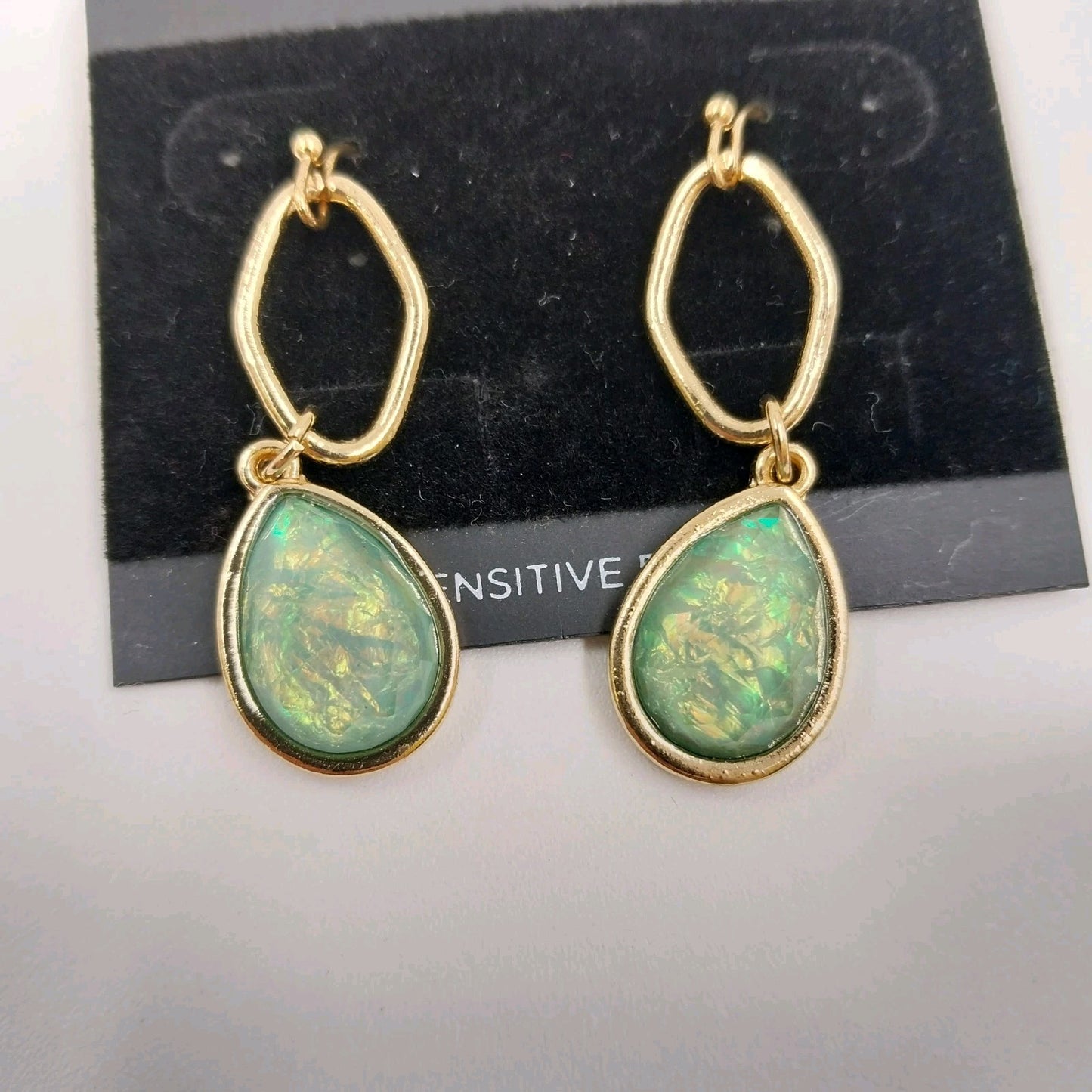 Catherines Earrings Gold Tone Disc with Bezel-Set Ethiopian Opal Dangle 1.75"