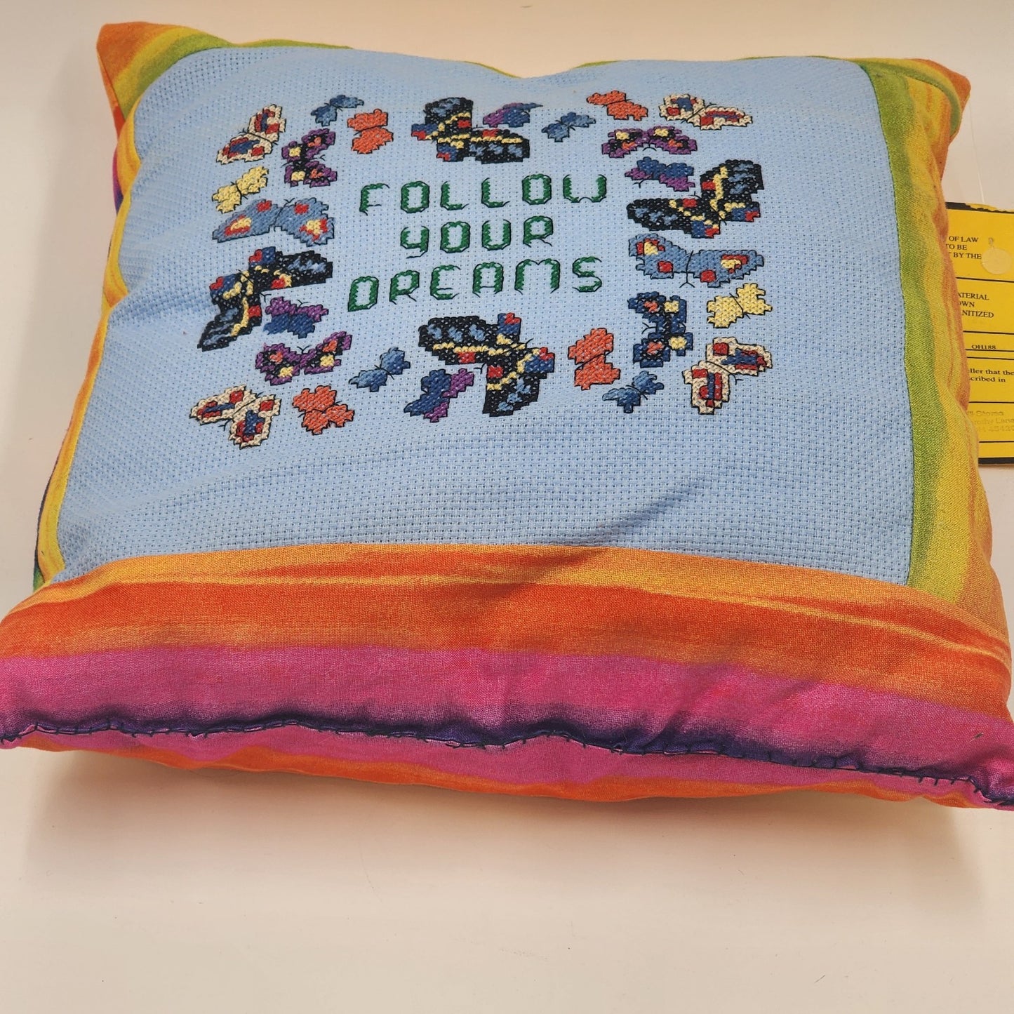 FOLLOW YOUR DREAMS Butterfly Needlepoint Colorful Throw Pillow 14” Square 1970's