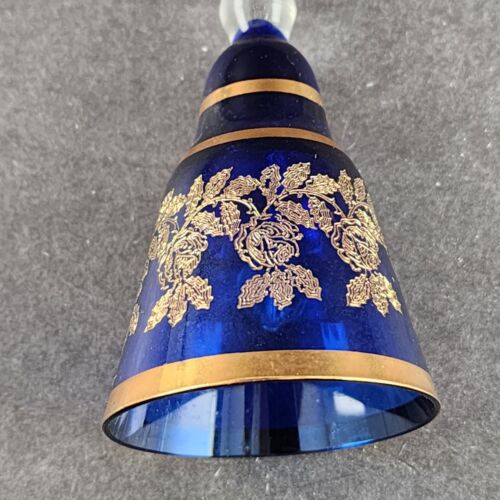 Cobalt Blue Glass Bell w Clear Handle Gold Trim Bohemia Glan Czechoslovakia 4"