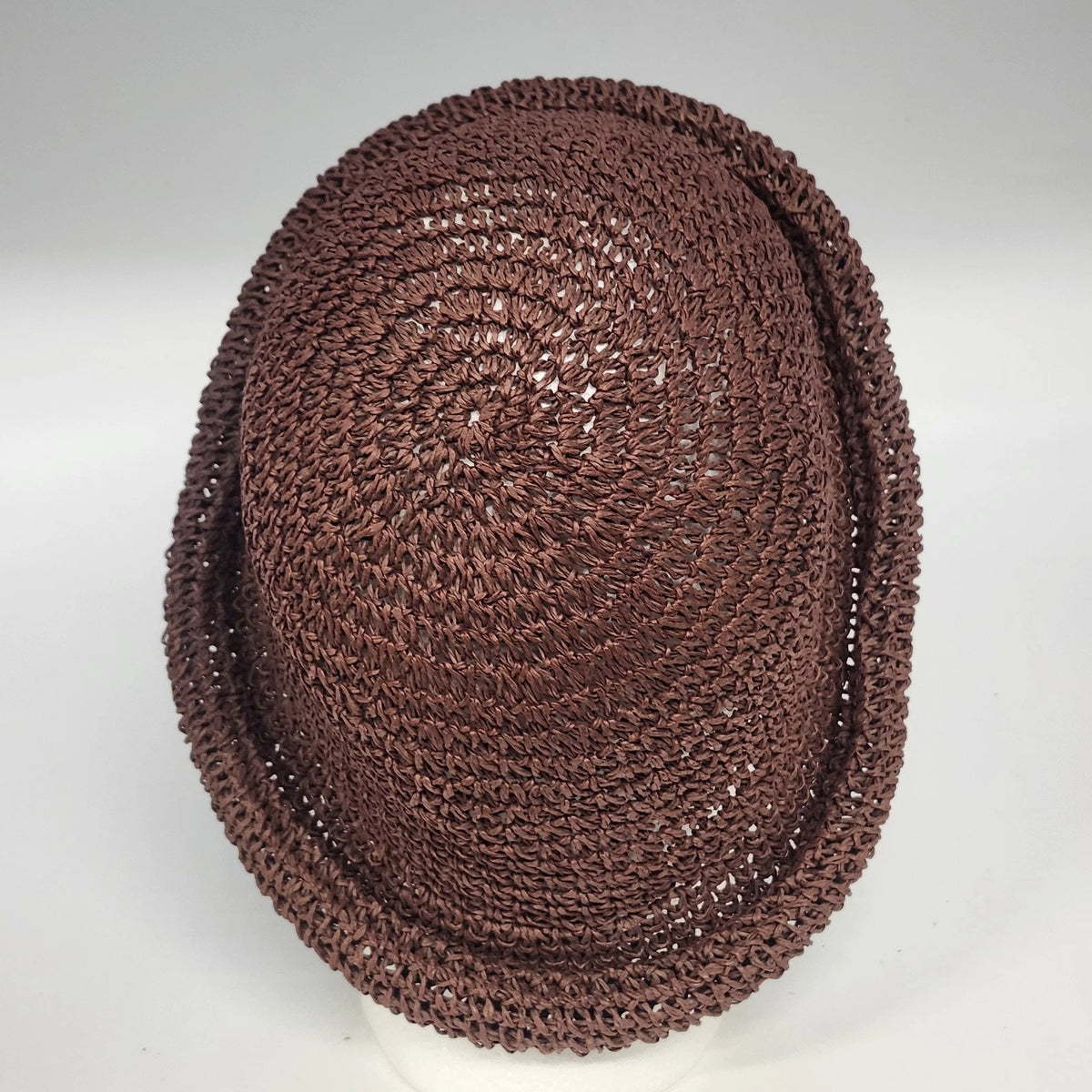 Women's Burgundy Woven Straw Cloche Sun Hat Rolled Brim Open Weave One Size Vtg
