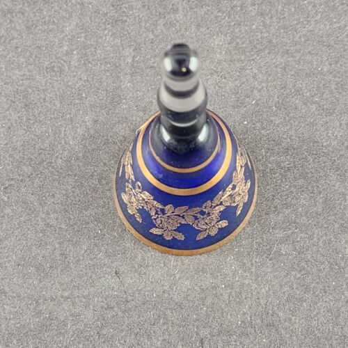 Cobalt Blue Glass Bell w Clear Handle Gold Trim Bohemia Glan Czechoslovakia 4"