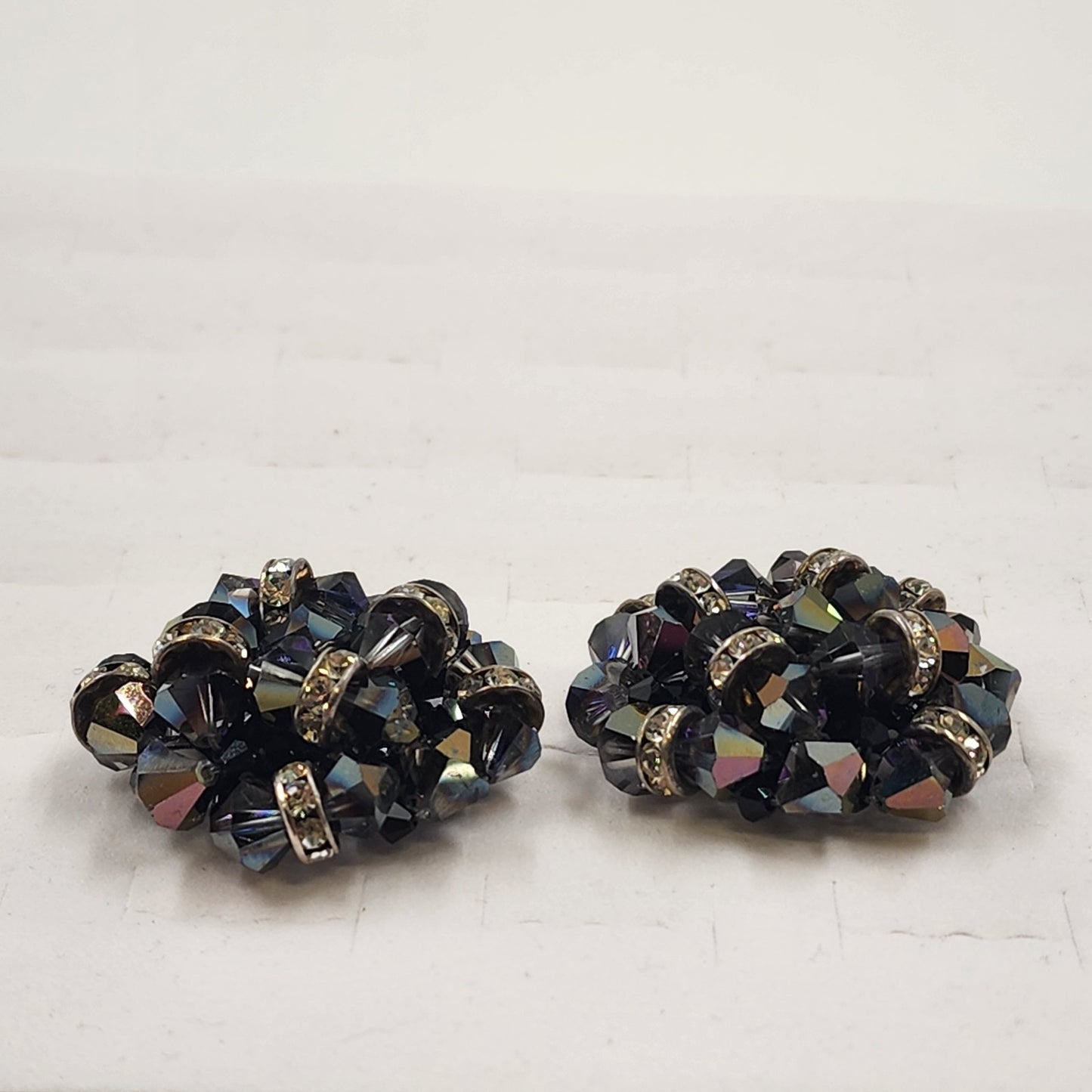 Deep Purple Bead & Colorful Rhinestone Clip Earrings Vintage 1.5” Statement