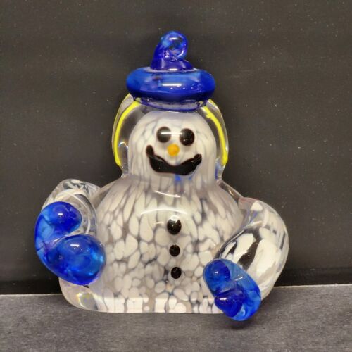 Murano Frosty Type Glass Snowman Bust Paperweight with Arms Blue Hat Mittens 4"h
