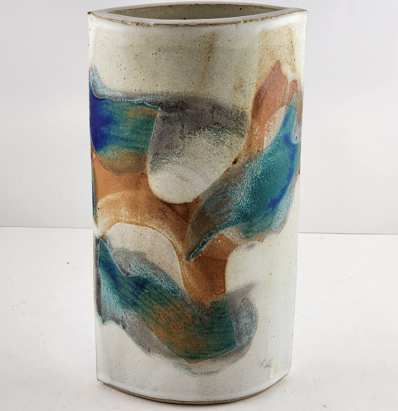 Evelyn LaMers Pottery Handmade Ellipse Vase Distinct Glaze Coloring 9.5" Vintage