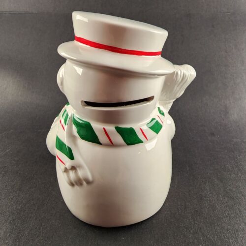 Russ Berrie Ceramic Snowman Coin Penny Bank White Red Rubber w Stopper Christmas