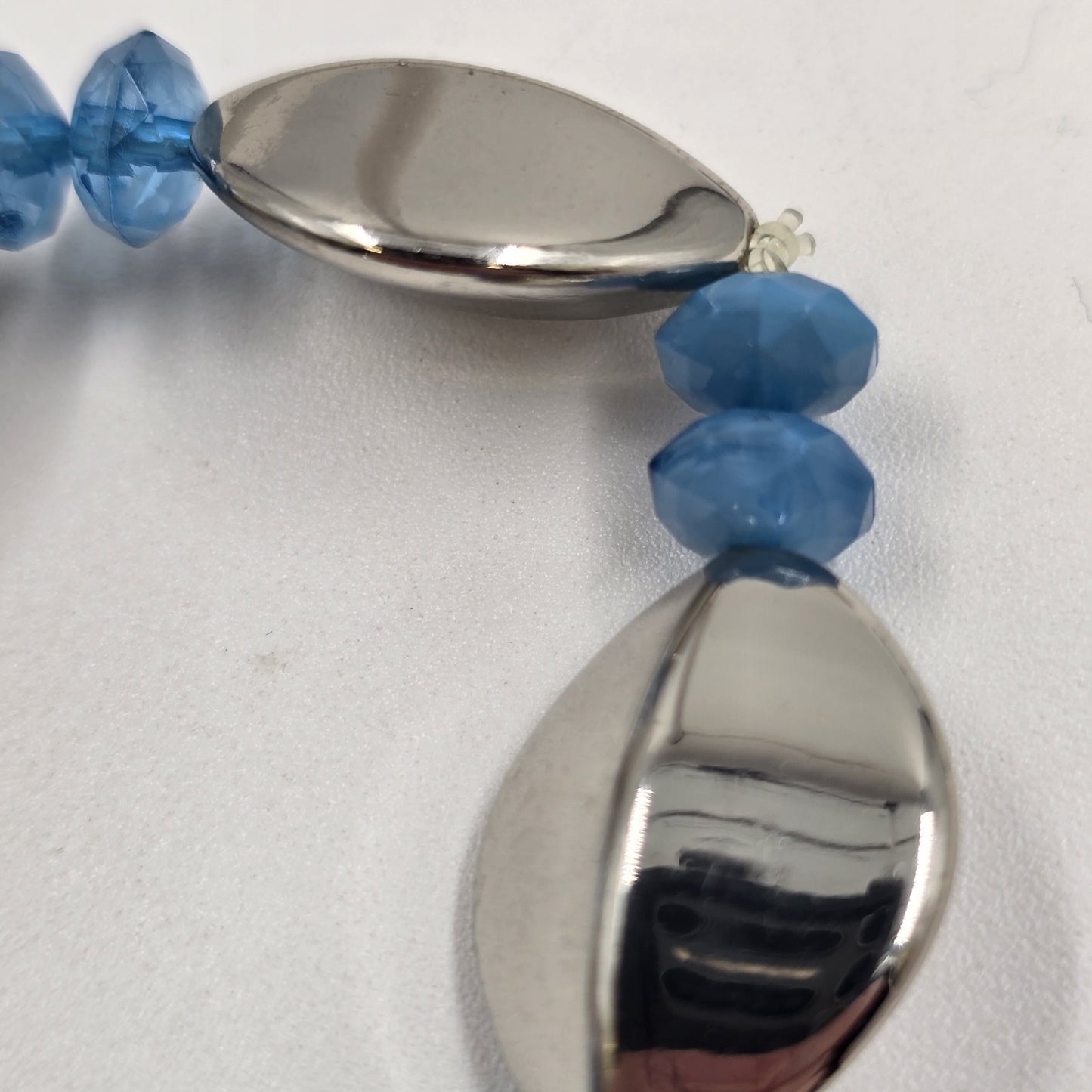 2 Stretch Bracelets Blue Silver Tone Clear Chunky Beads Fashion Jewelry 6.5-7"