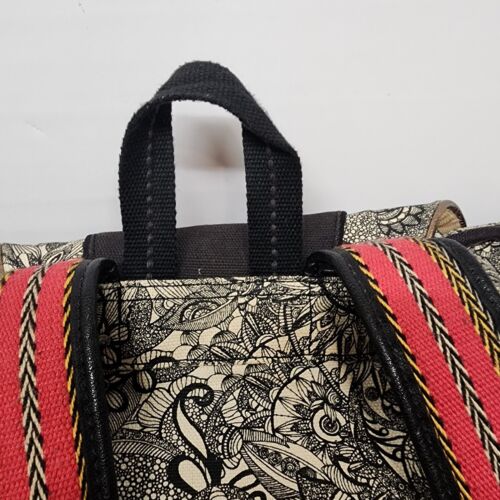 Sakroots Black White Flap Backpack Drawstring Peace Pattern Cotton Leather Trim
