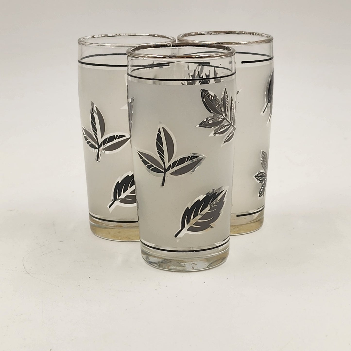 Set of 3 Libbey Frosted Silver Leaf Glasses Small Collins 4"x2" VTG