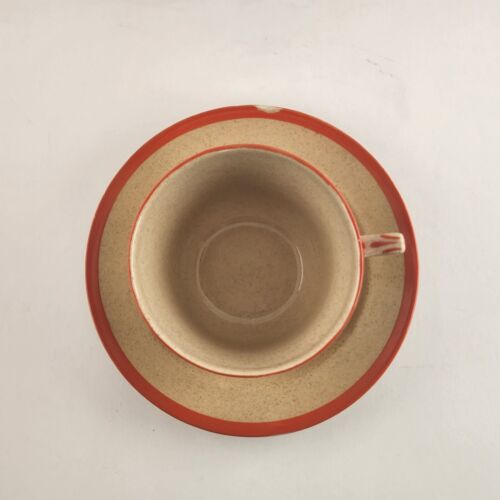 Omar Ware English Stoneware Tea Cup and Saucer Beige Orange Trim England