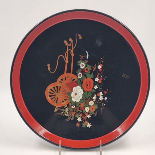 Hard Plastic Round Tray 13” Color Floral Cart Japan Black with Orange Trim Vtg