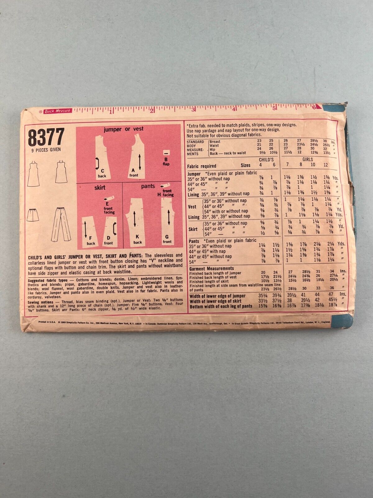 Simplicity 8377 Vintage Sewing Pattern 1969 Girls Jumper or Vest Skirt & Pants